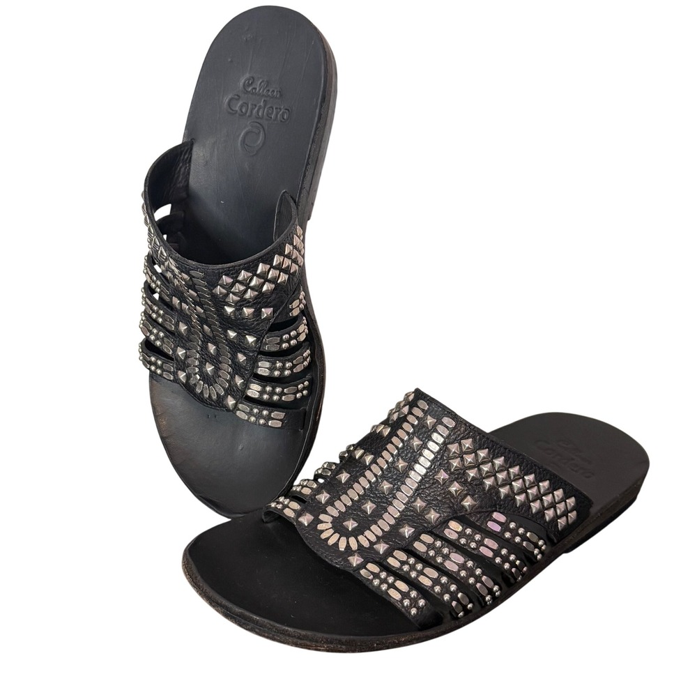 Colleen Cordero Silver Studded Slide Sandals Womens 9 Black Leather Slip On Flat